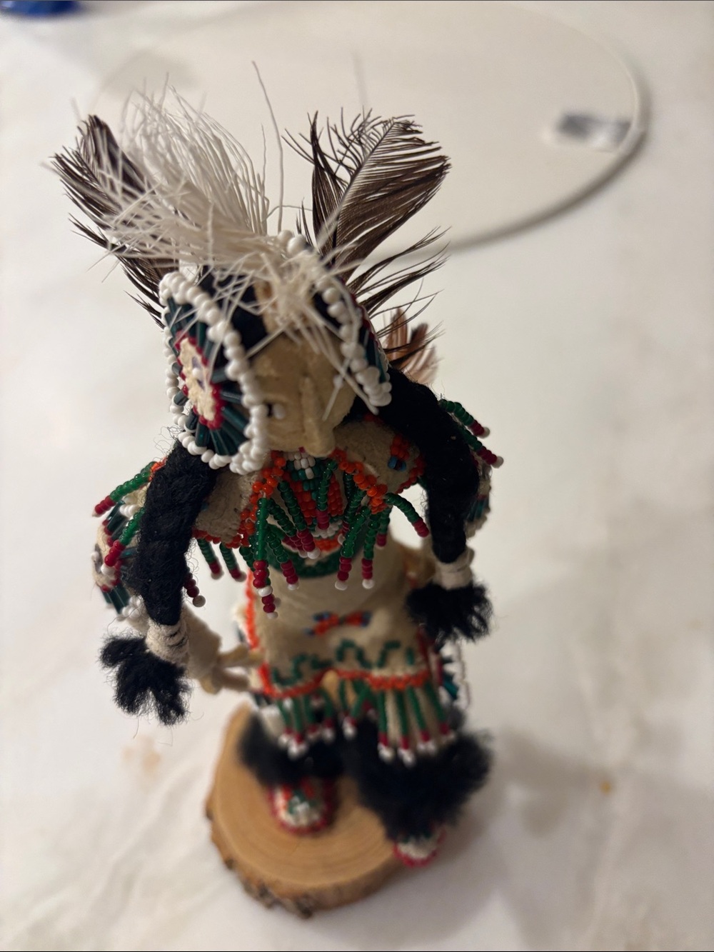 Beaded tribal Feather Figurine Home Accent in Green, Red, White